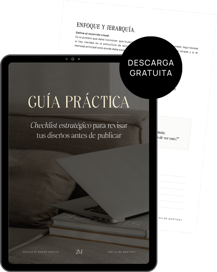 Mockup de la Guía Práctica para Revisar tus Diseños antes de Publicar, creada por Zulma Martínez